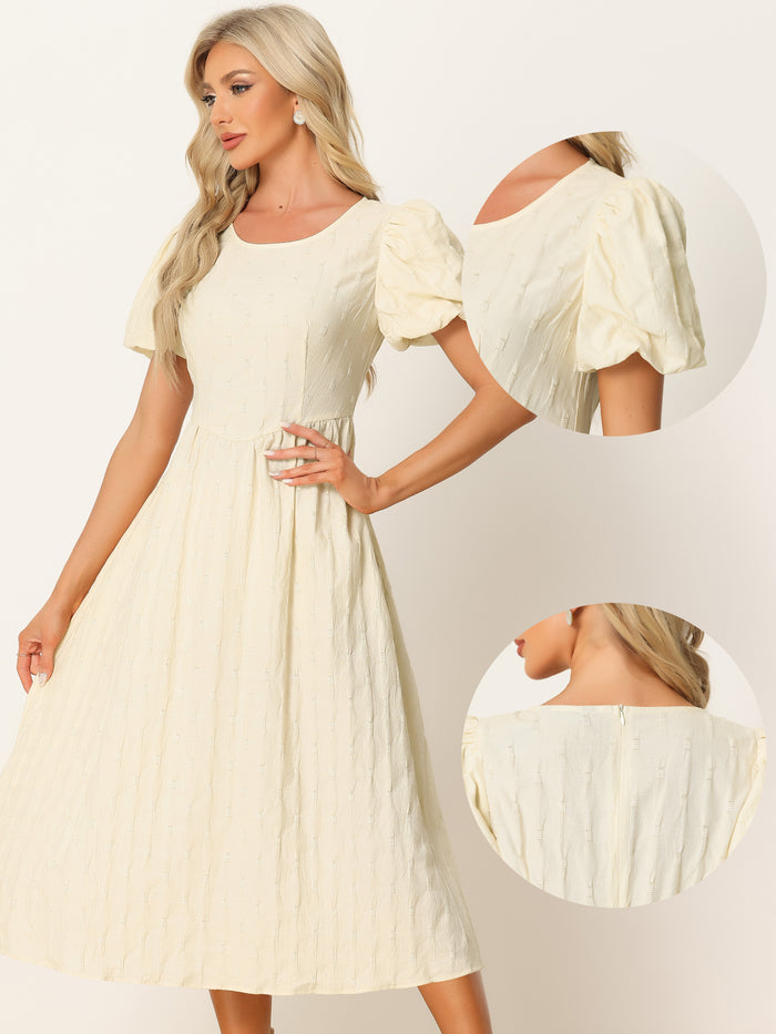 Allegra K Summer Puff Sleeve Round Neck Solid Textured Fit And Flare Dress