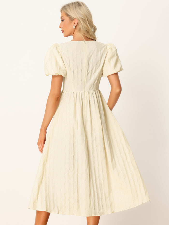 Allegra K Summer Puff Sleeve Round Neck Solid Textured Fit And Flare Dress