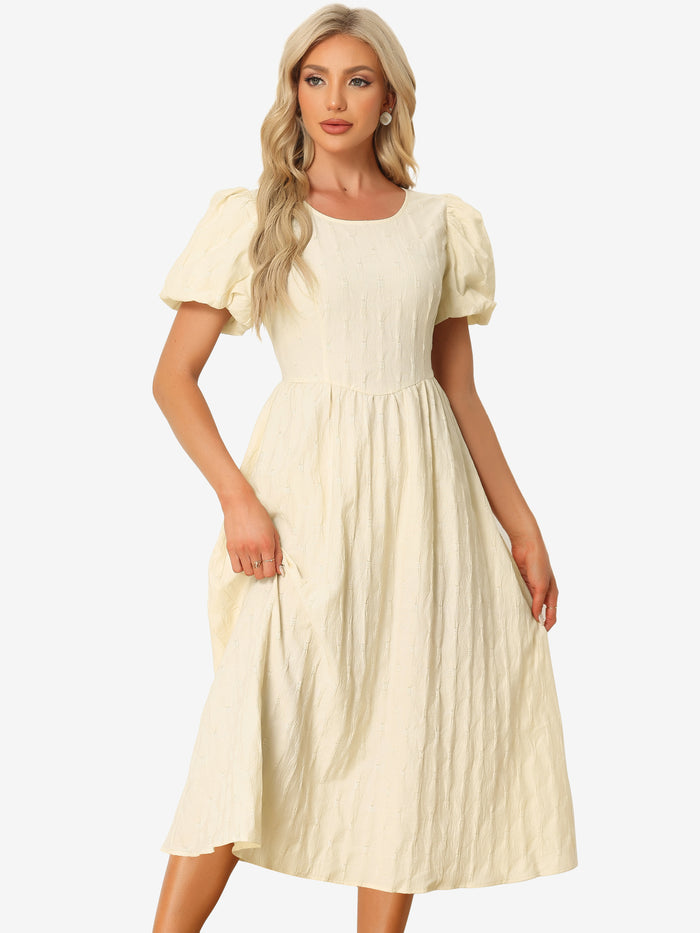 Allegra K Summer Puff Sleeve Round Neck Solid Textured Fit And Flare Dress