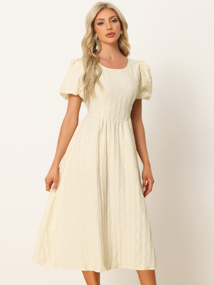 allegra k Summer Puff Sleeve Round Neck Solid Textured Fit and Flare Dress