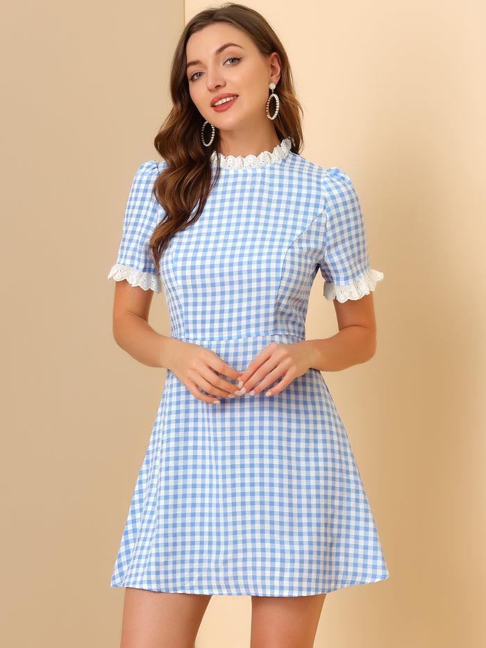 Allegra K Summer Ruffle Neck Lace Panel Short Sleeve Check Gingham Dress