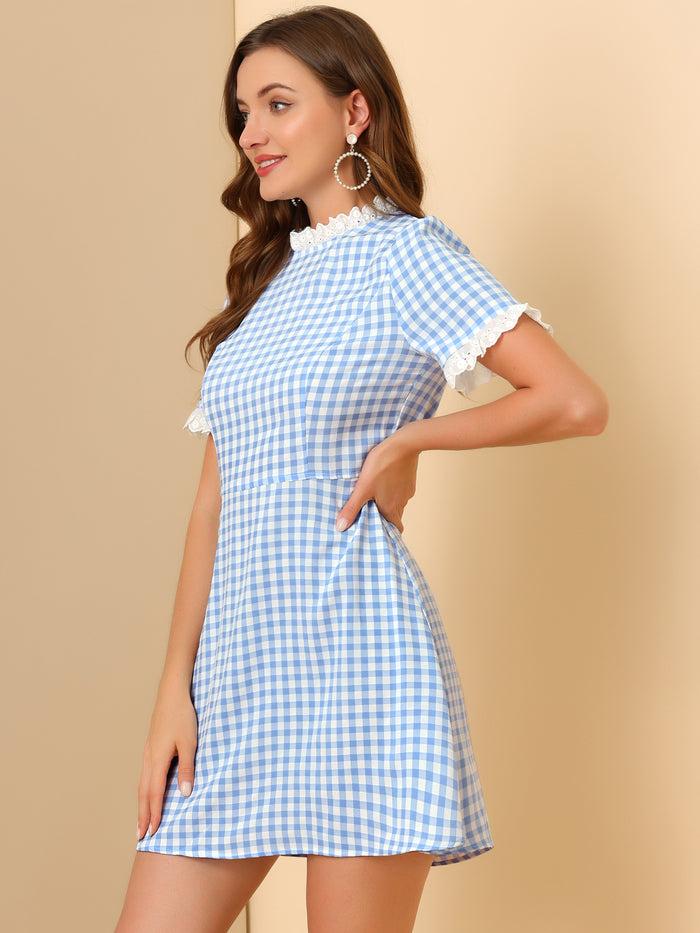 Allegra K Summer Ruffle Neck Lace Panel Short Sleeve Check Gingham Dress