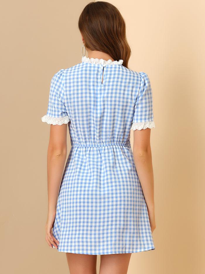 Allegra K Summer Ruffle Neck Lace Panel Short Sleeve Check Gingham Dress