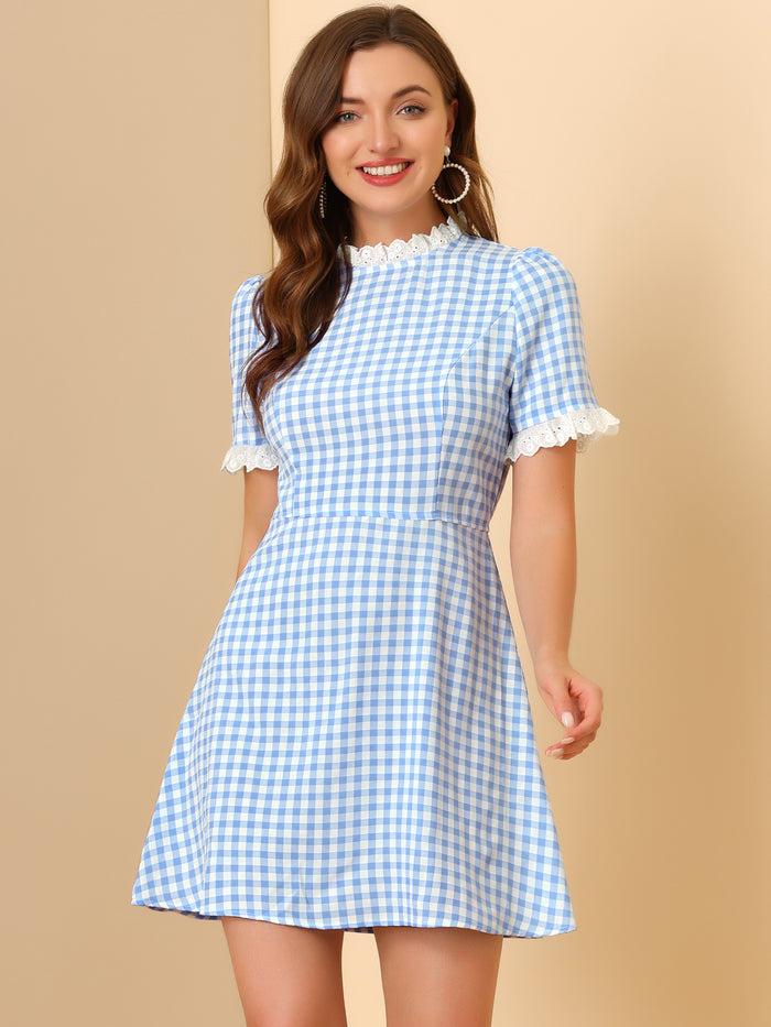 allegra k Summer Ruffle Neck Lace Panel Short Sleeve Check Gingham Dress