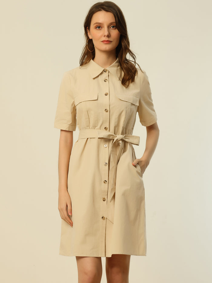 Allegra K Summer Safari Dress Collared Button Down Cotton Belted Shirtdress