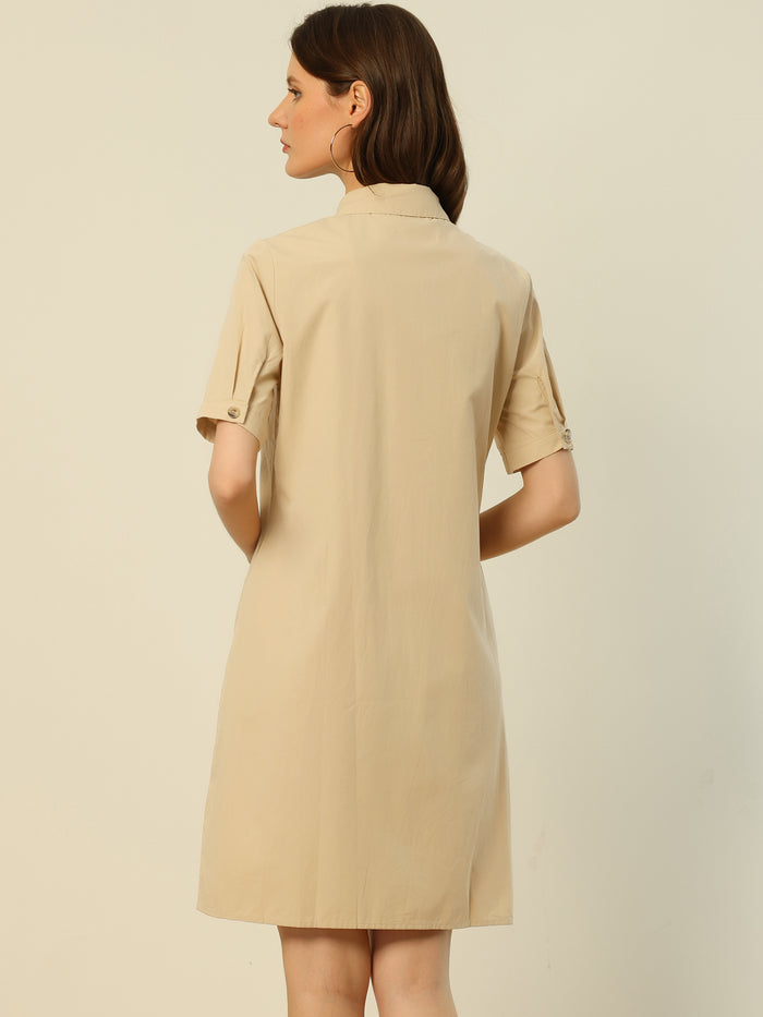 Allegra K Summer Safari Dress Collared Button Down Cotton Belted Shirtdress