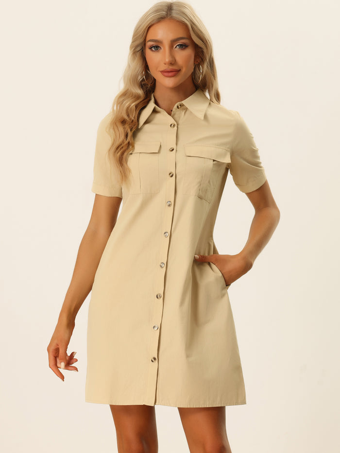 allegra k Summer Safari Dress Collared Button Down Cotton Belted Shirtdress