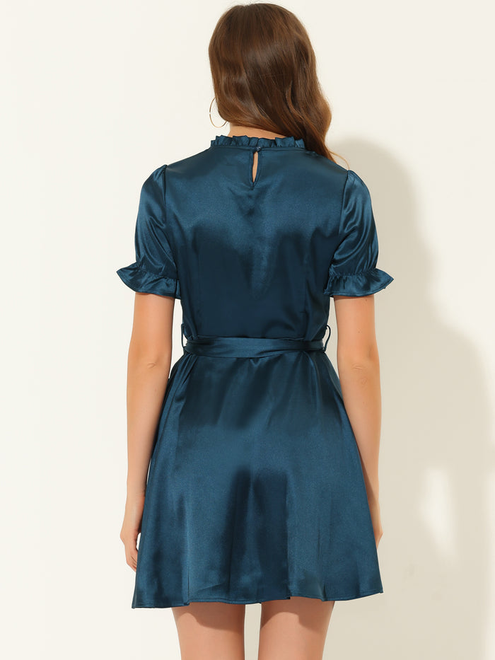 Allegra K Summer Satin Short Sleeve Tie Waist Business Casual Dress