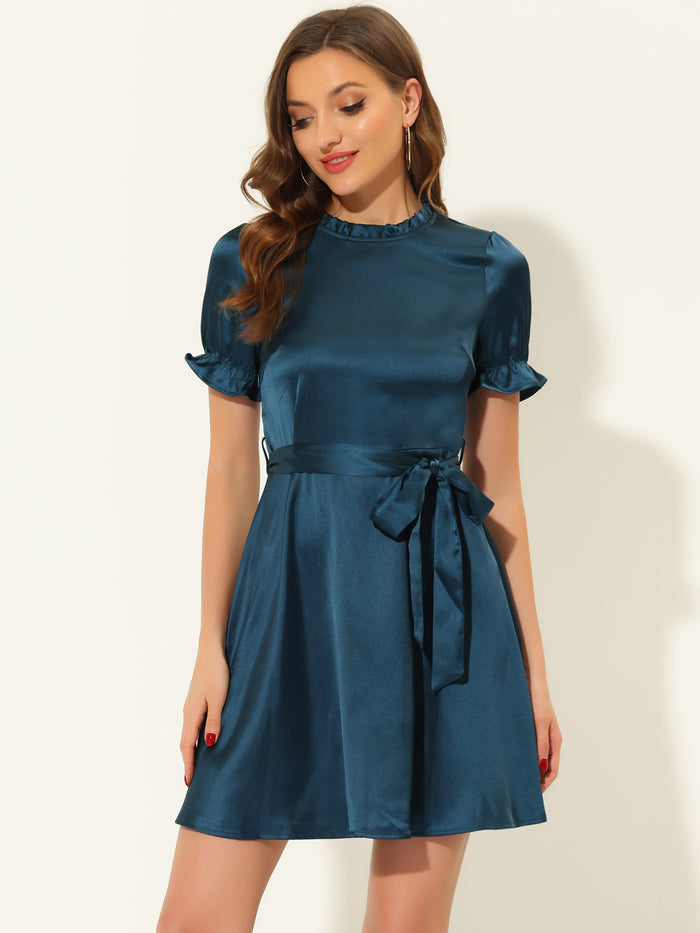 allegra k Summer Satin Short Sleeve Tie Waist Business Casual Dress