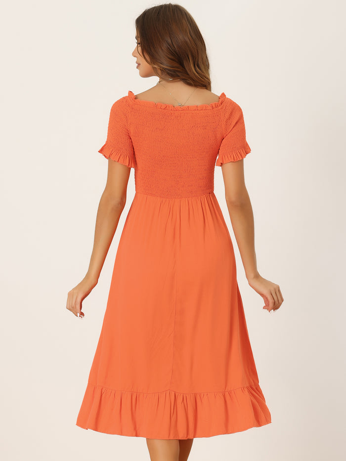 Allegra K Summer Shirred Off Shoulder Ruffle Split Hem Midi Dress