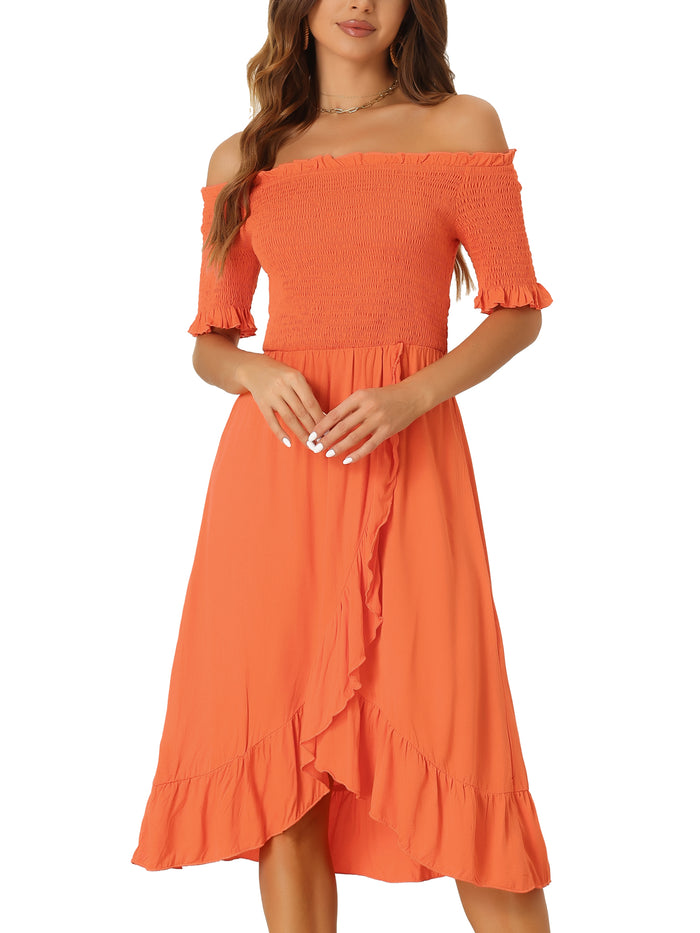 Allegra K Summer Shirred Off Shoulder Ruffle Split Hem Midi Dress