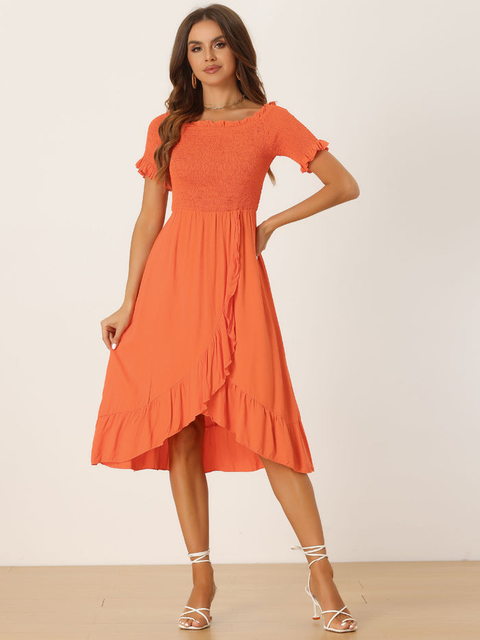 allegra k Summer Shirred Off Shoulder Ruffle Split Hem Midi Dress