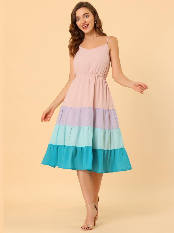 Allegra K Summer Spaghetti Strap V Neck Flowy Swing Chiffon Midi Dress Sundress