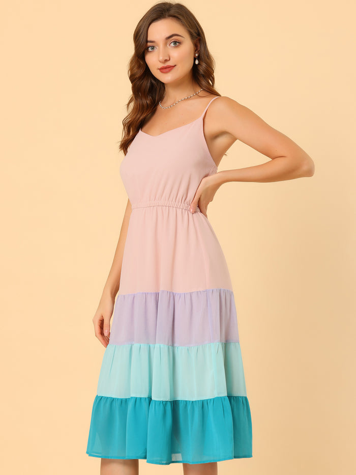 Allegra K Summer Spaghetti Strap V Neck Flowy Swing Chiffon Midi Dress Sundress