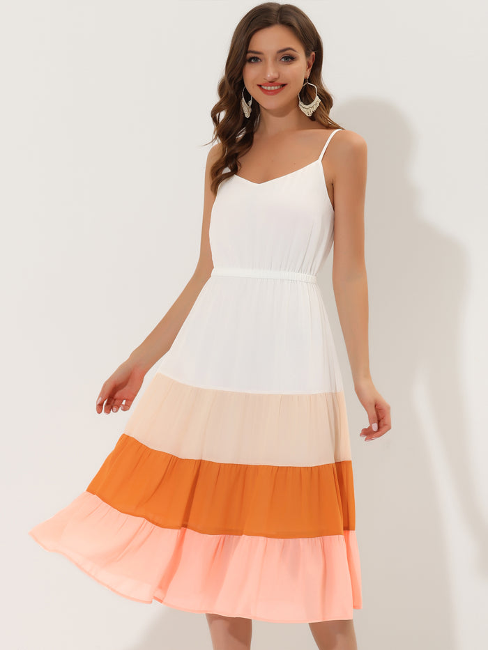 Allegra K Summer Spaghetti Strap V Neck Flowy Swing Chiffon Midi Dress Sundress