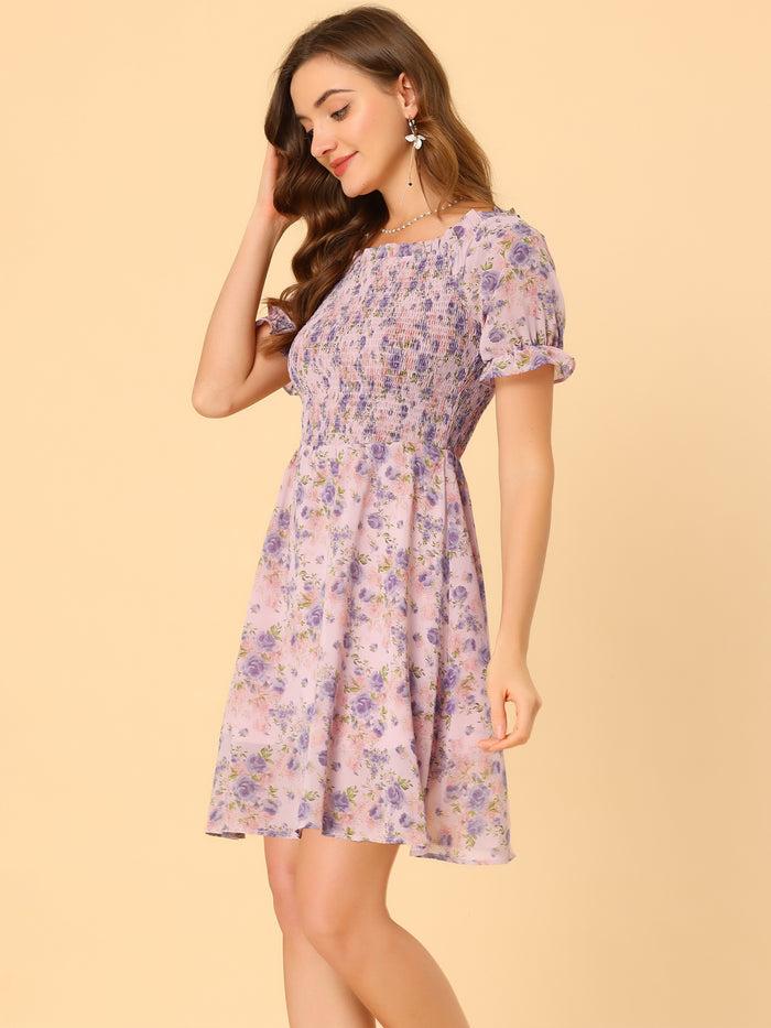 Allegra K Summer Square Neck Off Shoulder A-Line Smocked Chiffon Floral Dress