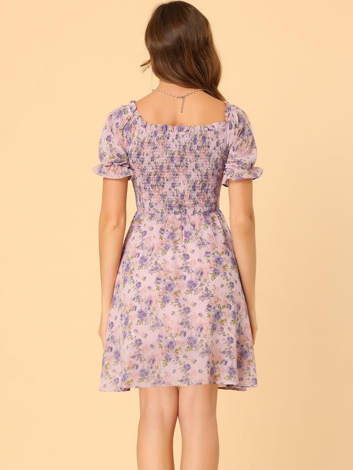 Allegra K Summer Square Neck Off Shoulder A-Line Smocked Chiffon Floral Dress