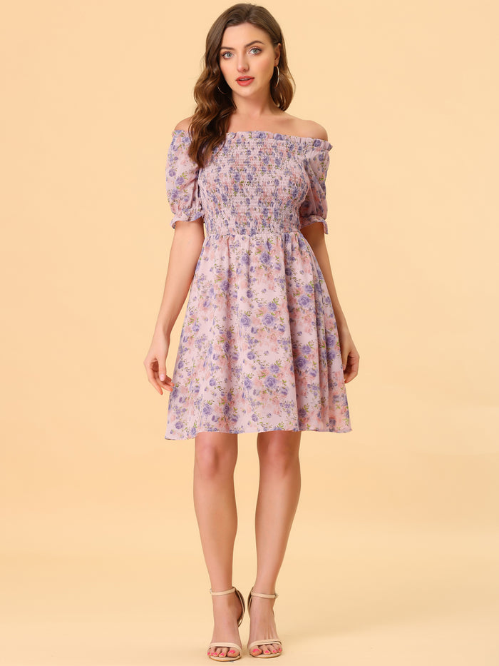 allegra k Summer Square Neck Off Shoulder A-Line Smocked Chiffon Floral Dress