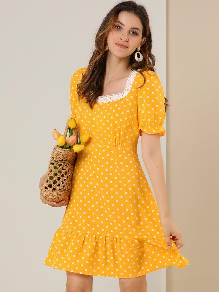 Allegra K Summer Sweetheart Neck Ruffled Hem Puff Short Sleeve Polka Dots Dress