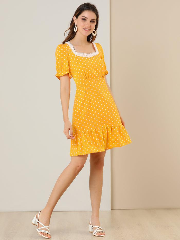 Allegra K Summer Sweetheart Neck Ruffled Hem Puff Short Sleeve Polka Dots Dress