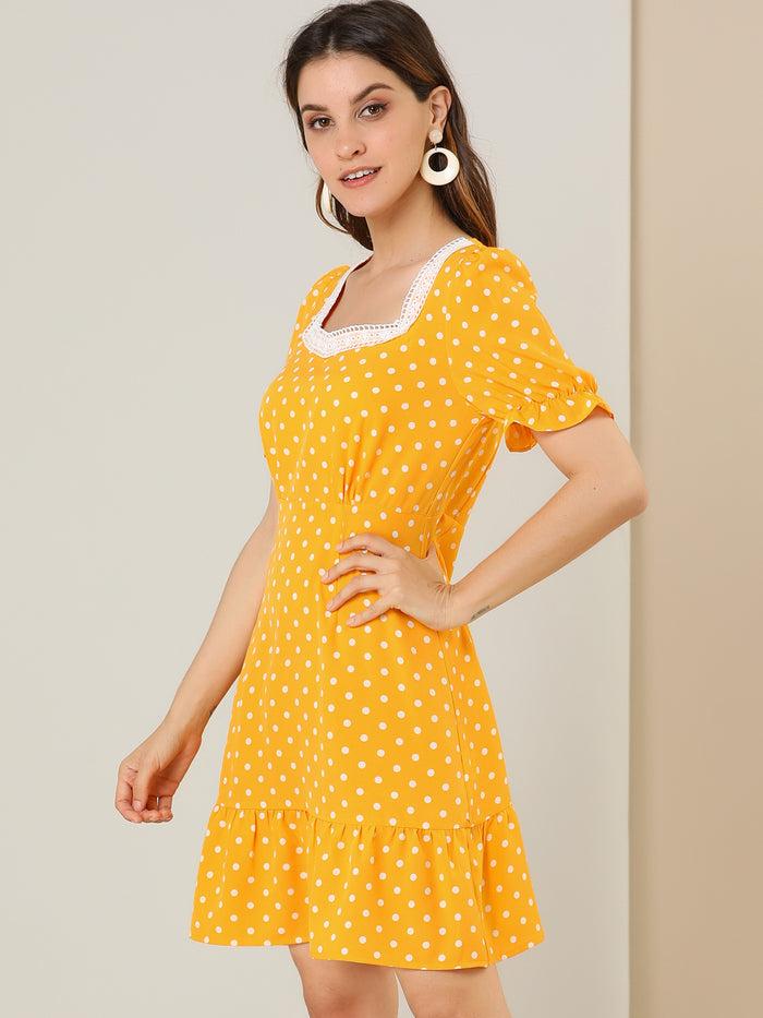 Allegra K Summer Sweetheart Neck Ruffled Hem Puff Short Sleeve Polka Dots Dress
