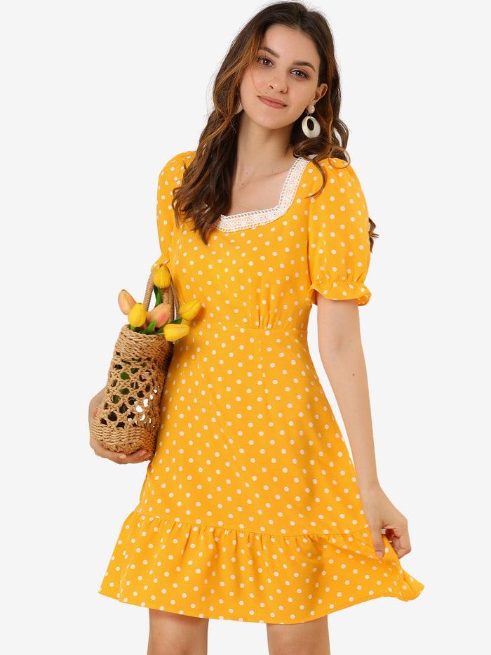 allegra k Summer Sweetheart Neck Ruffled Hem Puff Short Sleeve Polka Dots Dress