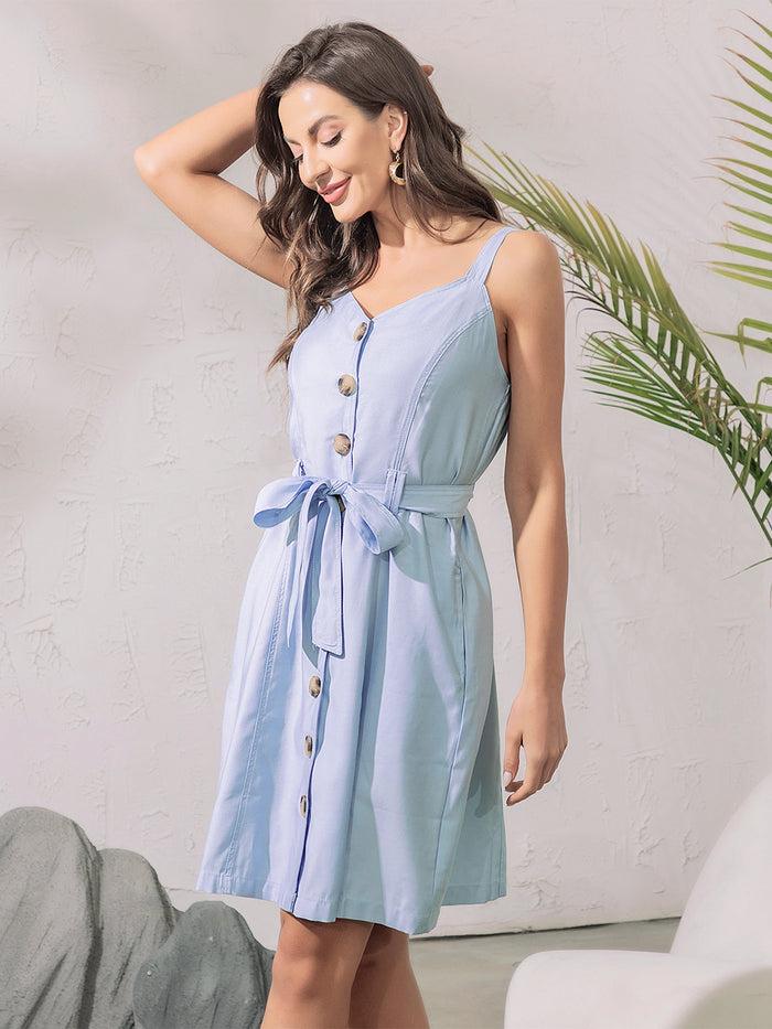 Allegra K Sweetheart Neck Belted Pockets Button Spaghetti Strap Cami Dress