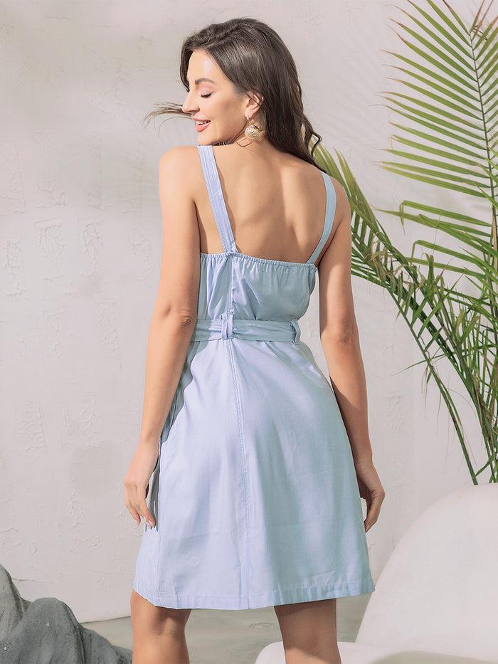 Allegra K Sweetheart Neck Belted Pockets Button Spaghetti Strap Cami Dress