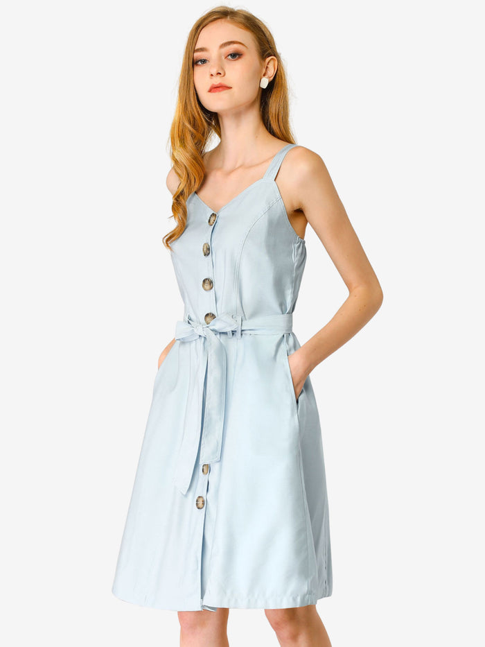 allegra k Sweetheart Neck Belted Pockets Button Spaghetti Strap Cami Dress