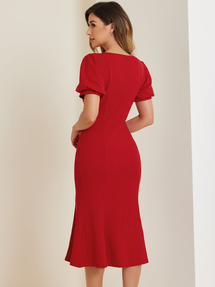 Allegra K Sweetheart Neck Puff Short Sleeve Mermaid Fishtail Midi Dress