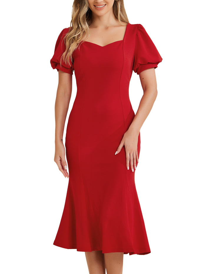 Allegra K Sweetheart Neck Puff Short Sleeve Mermaid Fishtail Midi Dress