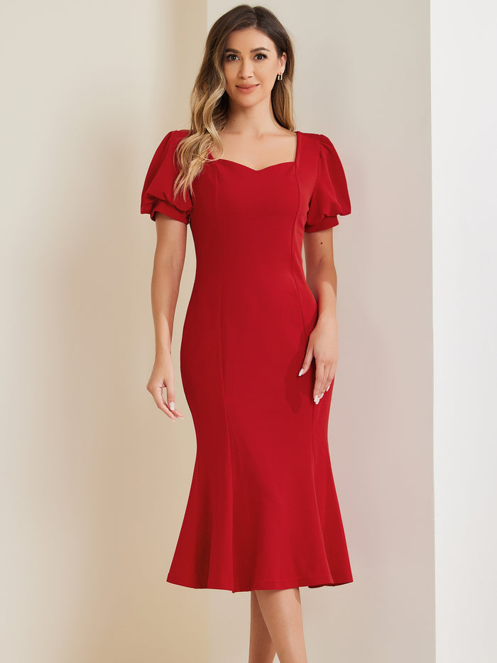 allegra k Sweetheart Neck Puff Short Sleeve Mermaid Fishtail Midi Dress