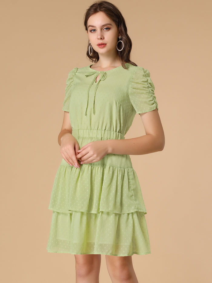 Allegra K Swiss Dot Ruched Short Sleeve Elastic Waist Layer Ruffle Hem Dress