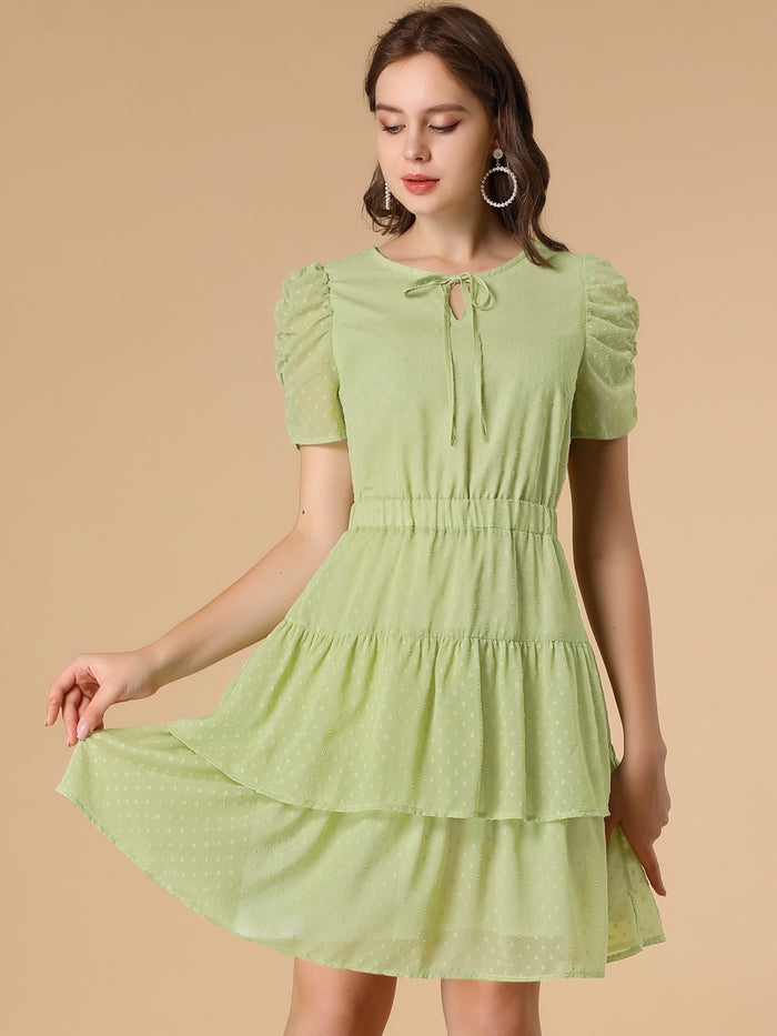 allegra k Swiss Dot Ruched Short Sleeve Elastic Waist Layer Ruffle Hem Dress