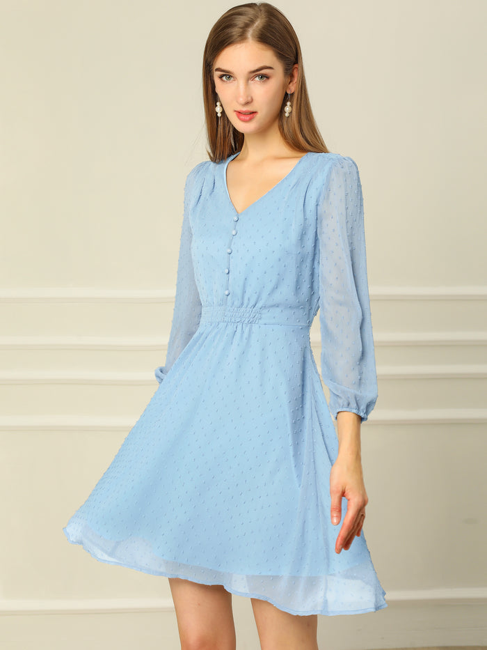 Allegra K Swiss Dots Elastic Waist 3/4 Sleeve A-line Solid Flowy Chiffon Dress