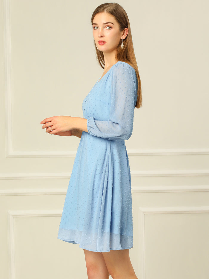 Allegra K Swiss Dots Elastic Waist 3/4 Sleeve A-line Solid Flowy Chiffon Dress
