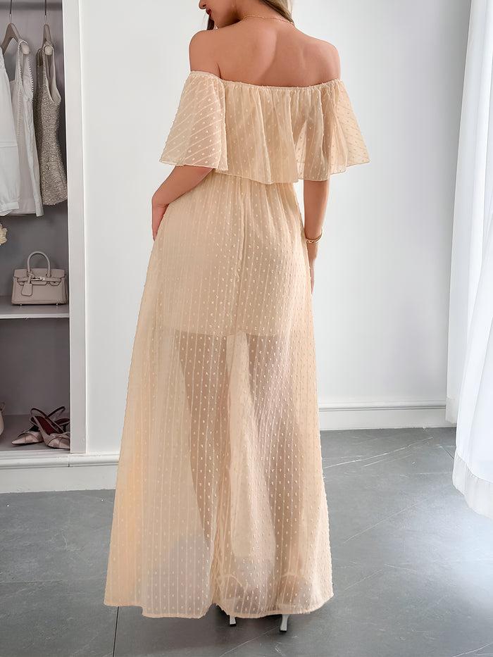 Allegra K Swiss Dots Off Shoulder Lace-Up Sheer Maxi Dress