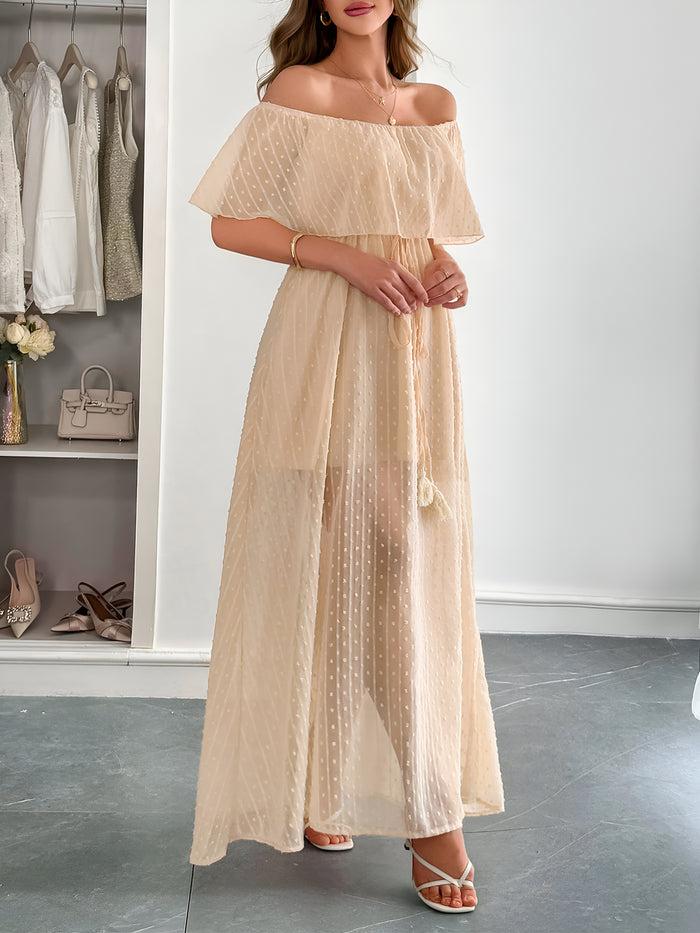 allegra k Swiss Dots Off Shoulder Lace-Up Sheer Maxi Dress