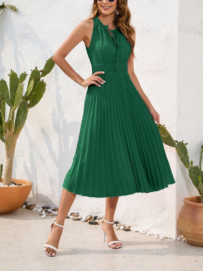 Allegra K Swiss Dots Ruffled Lace-Up Smocked Pleated Midi Dress