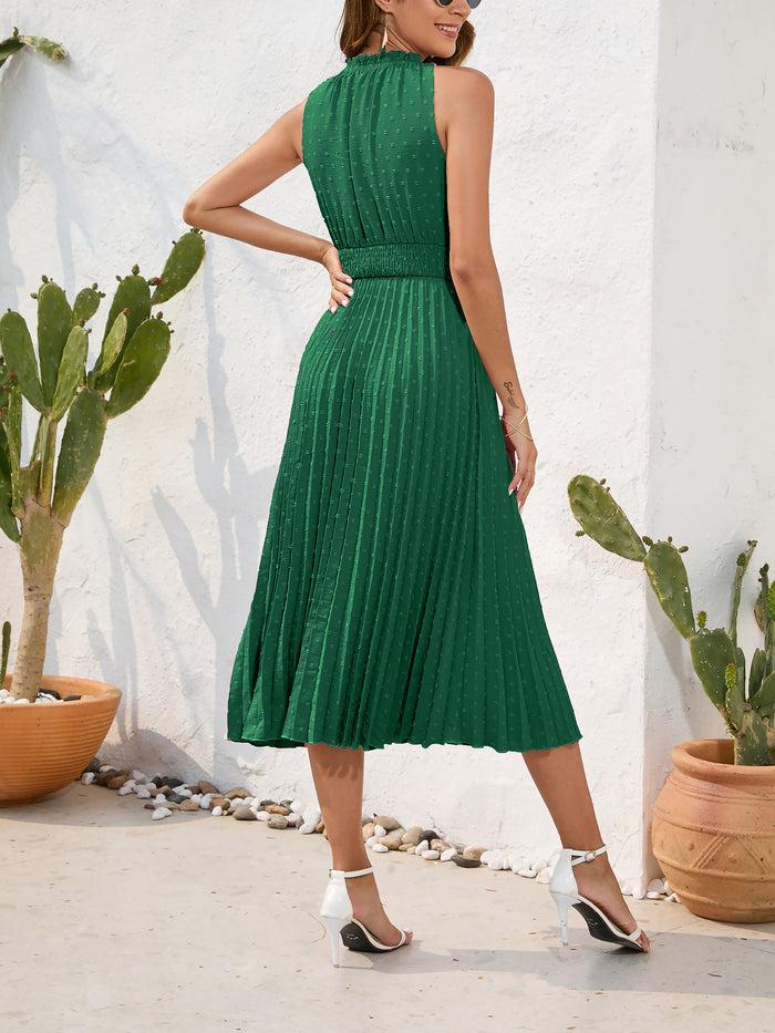 Allegra K Swiss Dots Ruffled Lace-Up Smocked Pleated Midi Dress