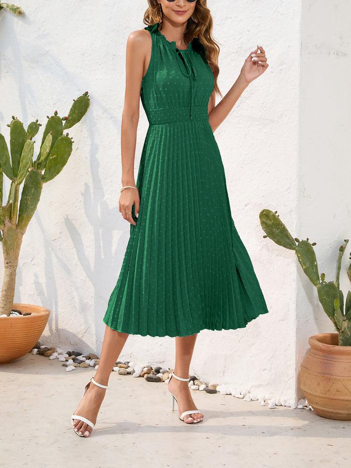 allegra k Swiss Dots Ruffled Lace-Up Smocked Pleated Midi Dress