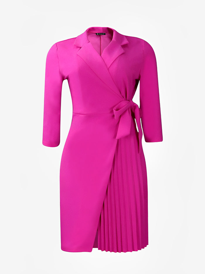 Allegra K Tailored Pleats & Cinched Waist Notched Lapel Tie Waist Pleated Office Chic Blazer Dress