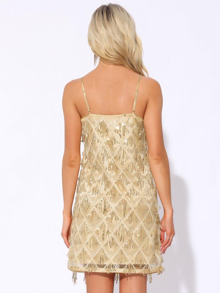 Allegra K Tassel Fringe Spaghetti Straps Sequin Flapper Dress