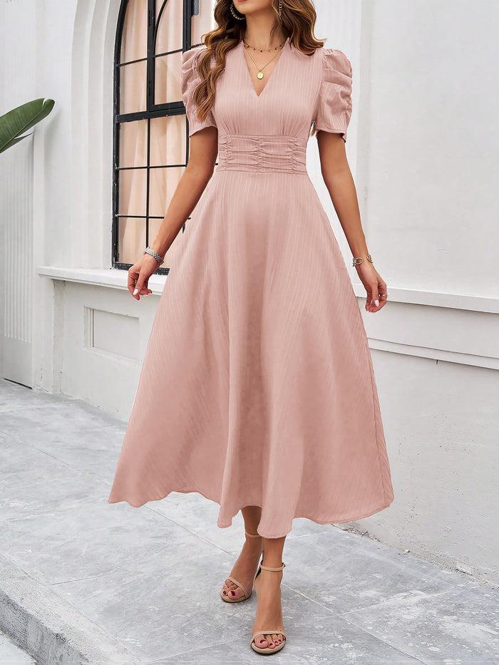 Allegra K Textured Puff Short Sleeve Ruched Midi A-Line Dress Raised Fabric Cinched Waist And Casual-Chic Design