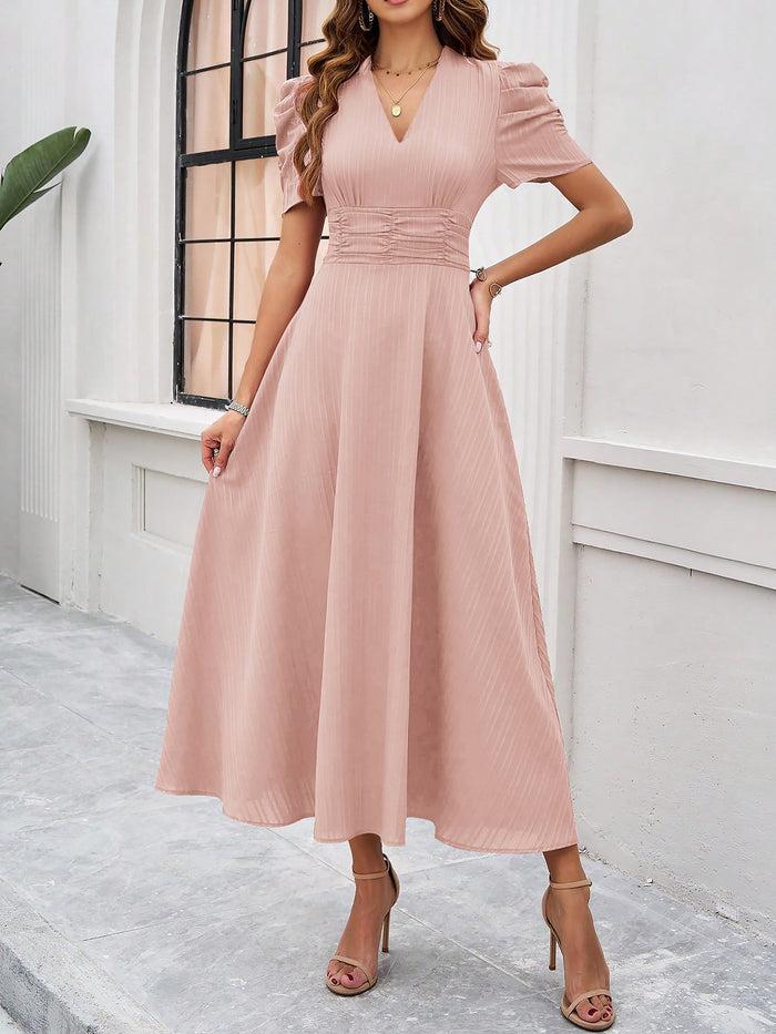 Allegra K Textured Puff Short Sleeve Ruched Midi A-Line Dress Raised Fabric Cinched Waist And Casual-Chic Design