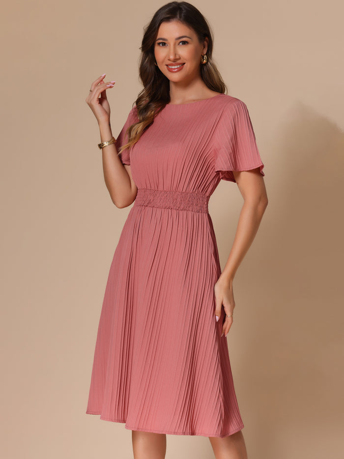 Allegra K Textured Short Sleeve Smocked Wasit A-Line Midi Dress