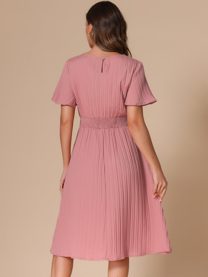 Allegra K Textured Short Sleeve Smocked Wasit A-Line Midi Dress