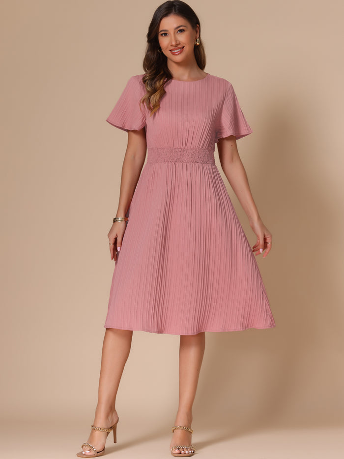 allegra k Textured Short Sleeve Smocked Wasit A-Line Midi Dress