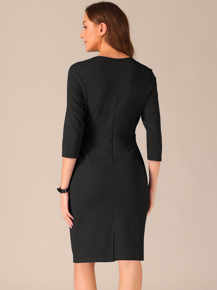 Allegra K Tie Front Slit Neck 3/4 Sleeve Dressy Casual Sheath Dress