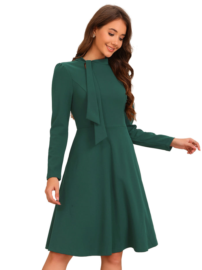 Allegra K Tie Mock Neck Long Sleeves A-Line Midi Dress